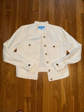 Draper James Cream Ruffle-Trim Jean Jacket with Logo Button | Size M
